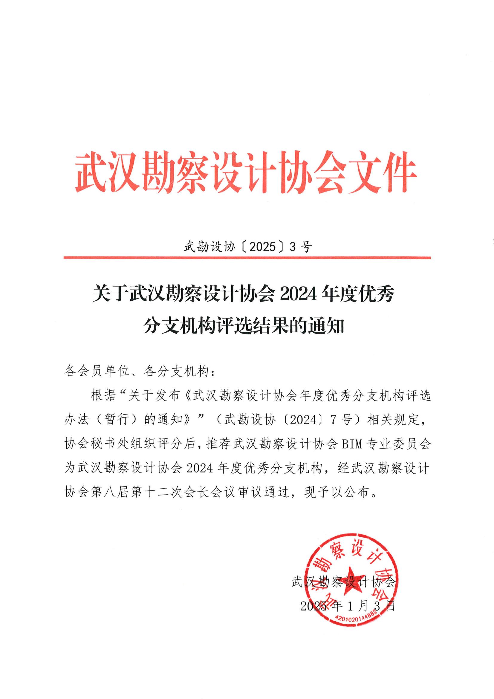 关于武汉勘察设计协会2024年度优秀分支机构评选结果的通知